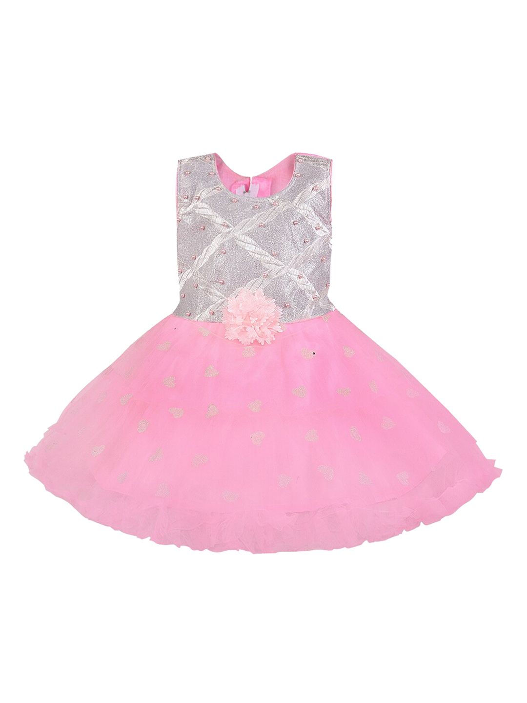 Wish Karo Girls Pink & Silver-Toned Self Design Fit and Flare Dress