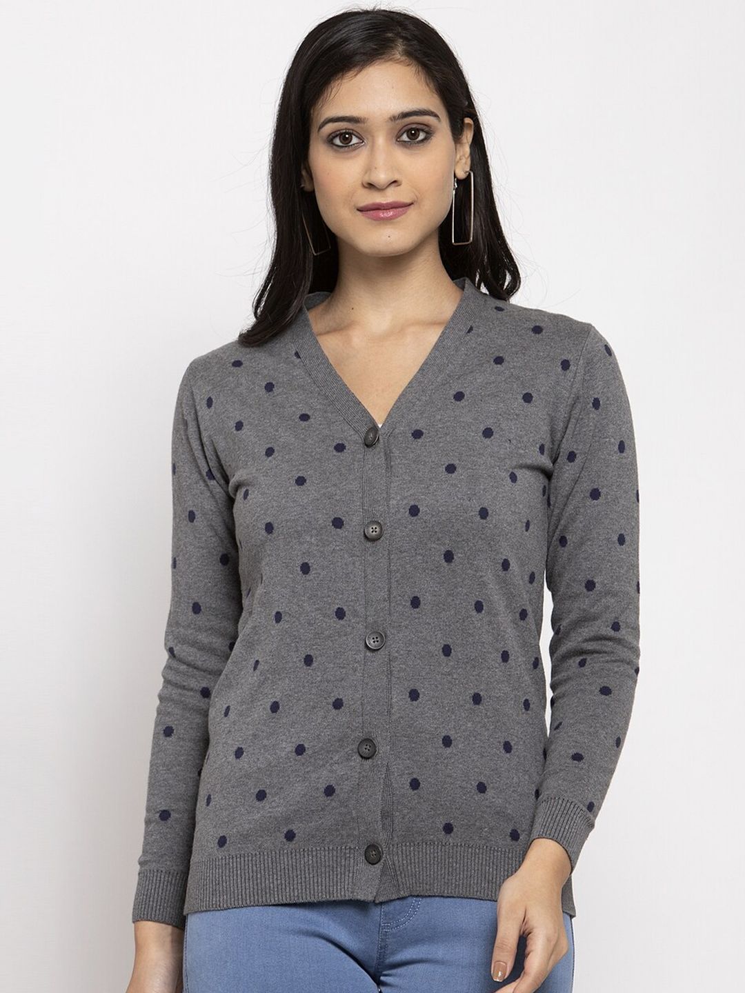 Kalt Women Grey Printed Cardigan Sweater Price in India