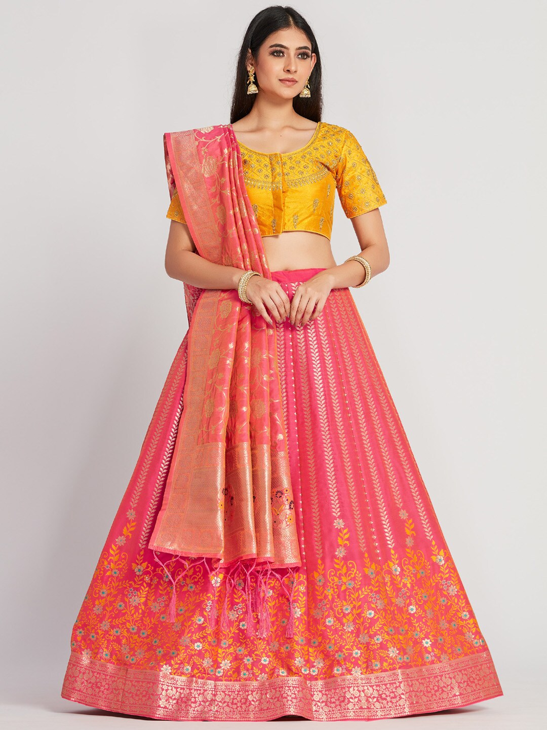 MIMOSA Pink & Yellow Embroidered Semi-Stitched Lehenga & Blouse with Dupatta Price in India