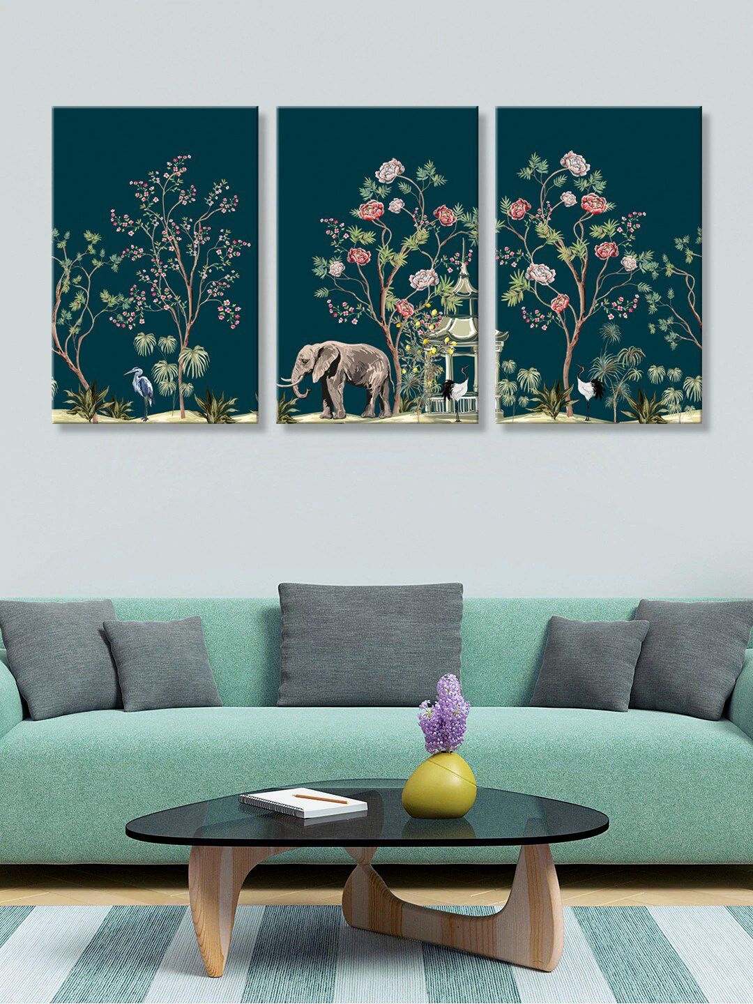 999Store Set Of 3 Green & Red Flamingo Bird Animals Flowers Wall Painting Price in India