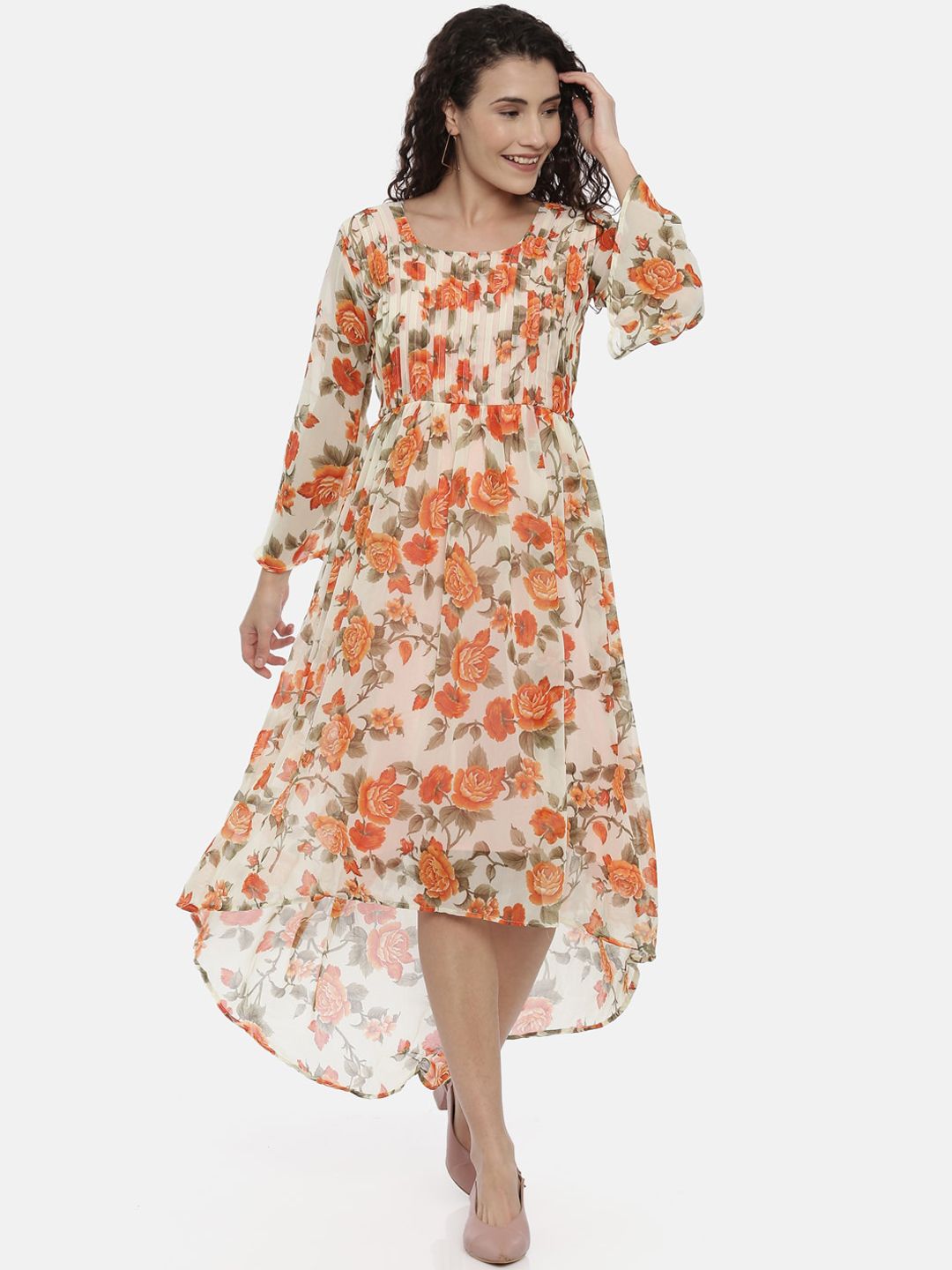 Souchii Women Cream-Coloured Printed A-Line Dress Price in India