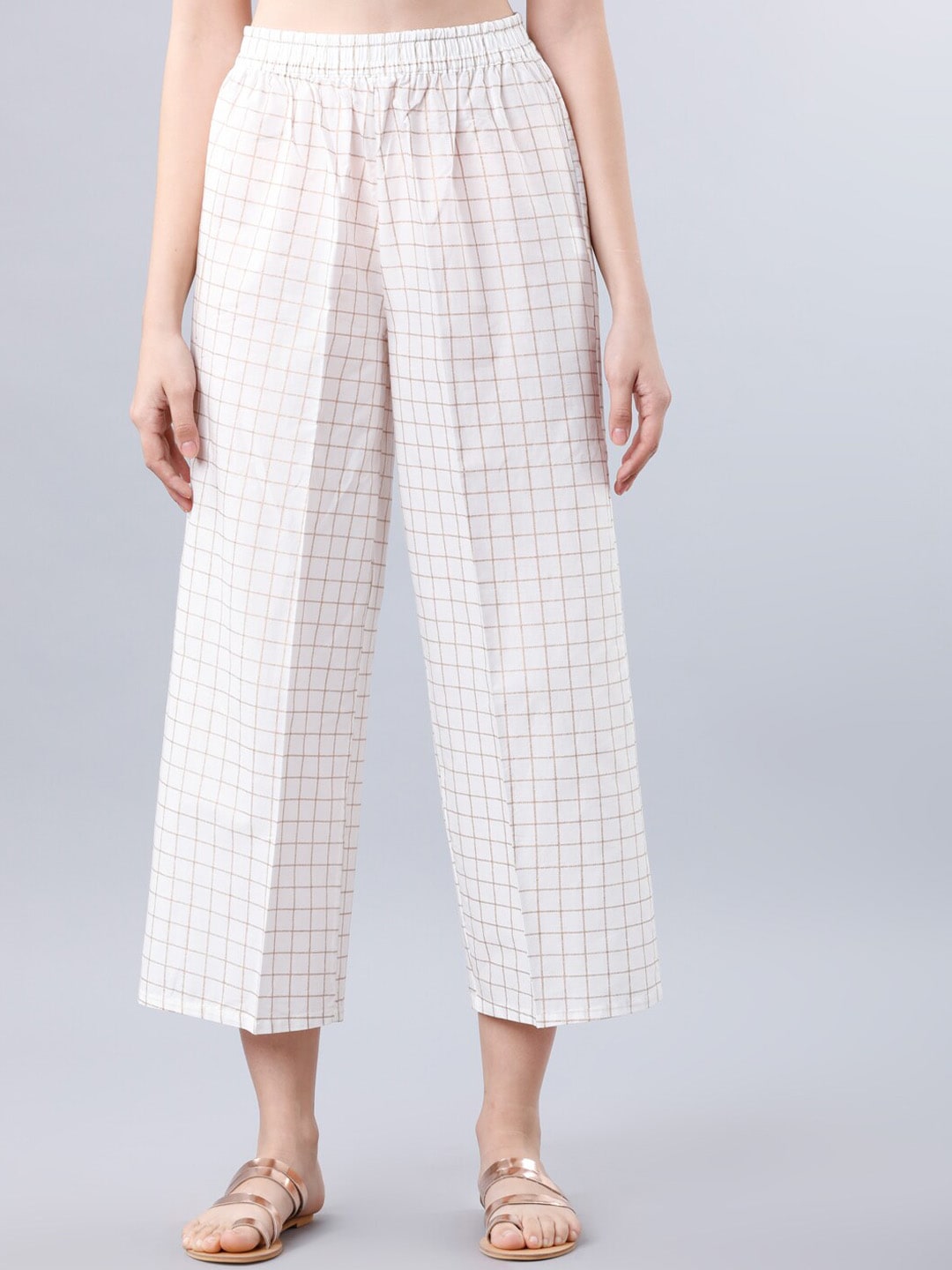 Vishudh Women Off-White Checked Straight Palazzos Price in India