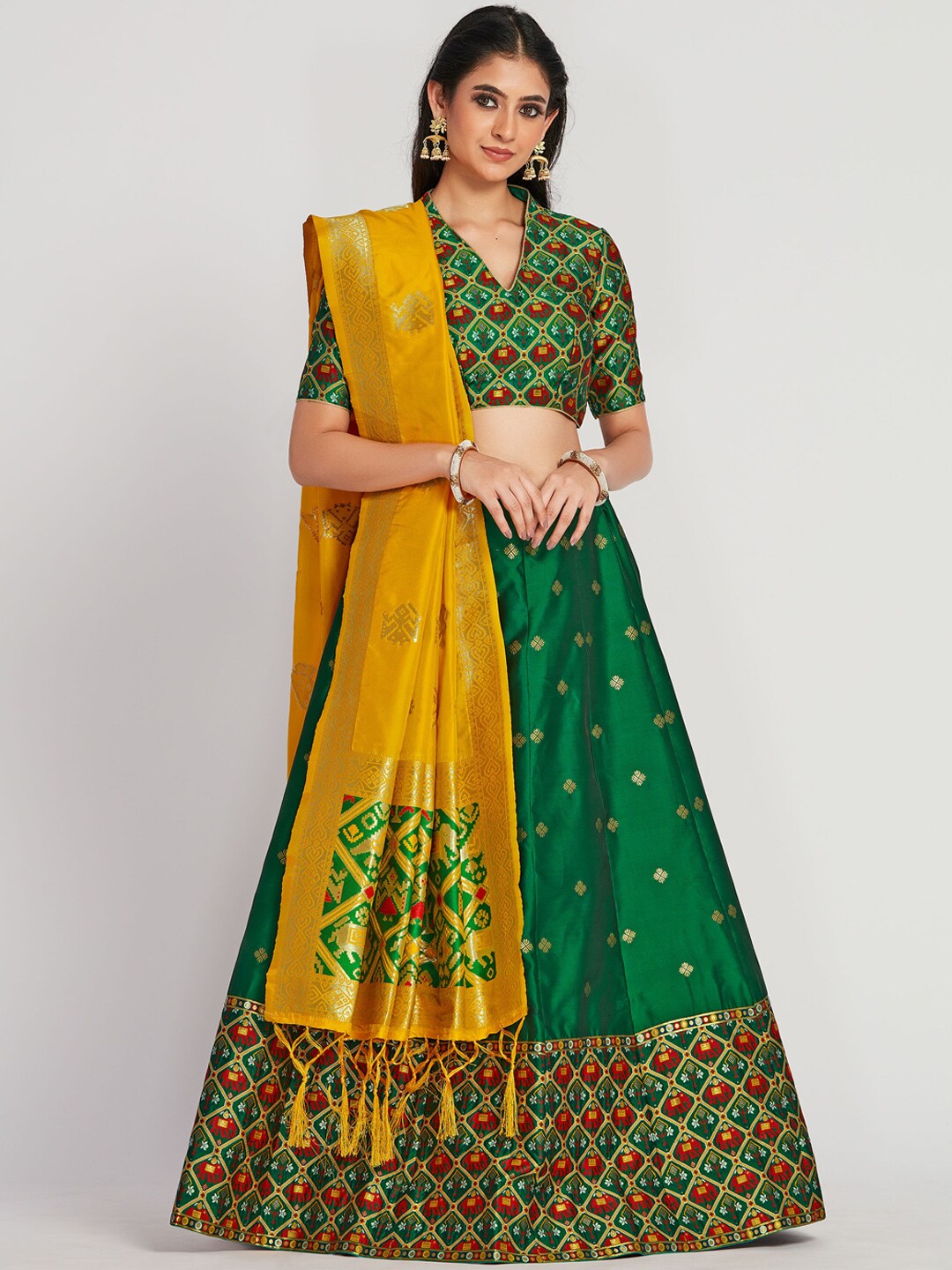 MIMOSA Yellow & Green Woven Design Semi-Stitched Lehenga & Unstitched Blouse with Dupatta Price in India