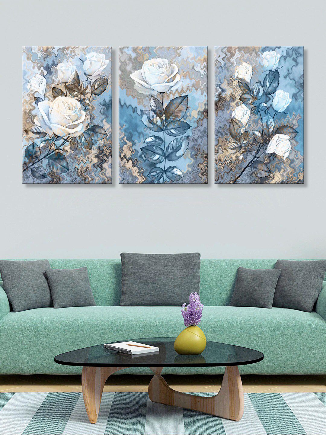 999Store Set of 3 Blue & Off-White Floral Canvas Wall Art Price in India