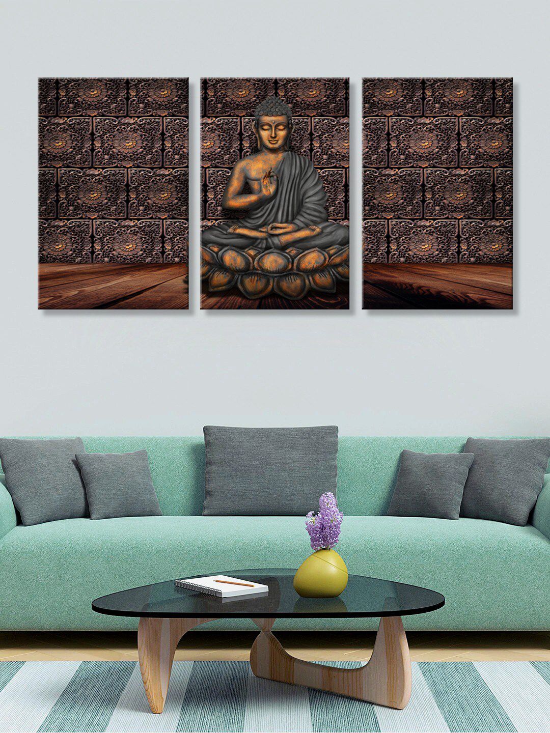 999Store Set of 3 Brown Lord Buddha Art Panels Painting Wall Art Price in India