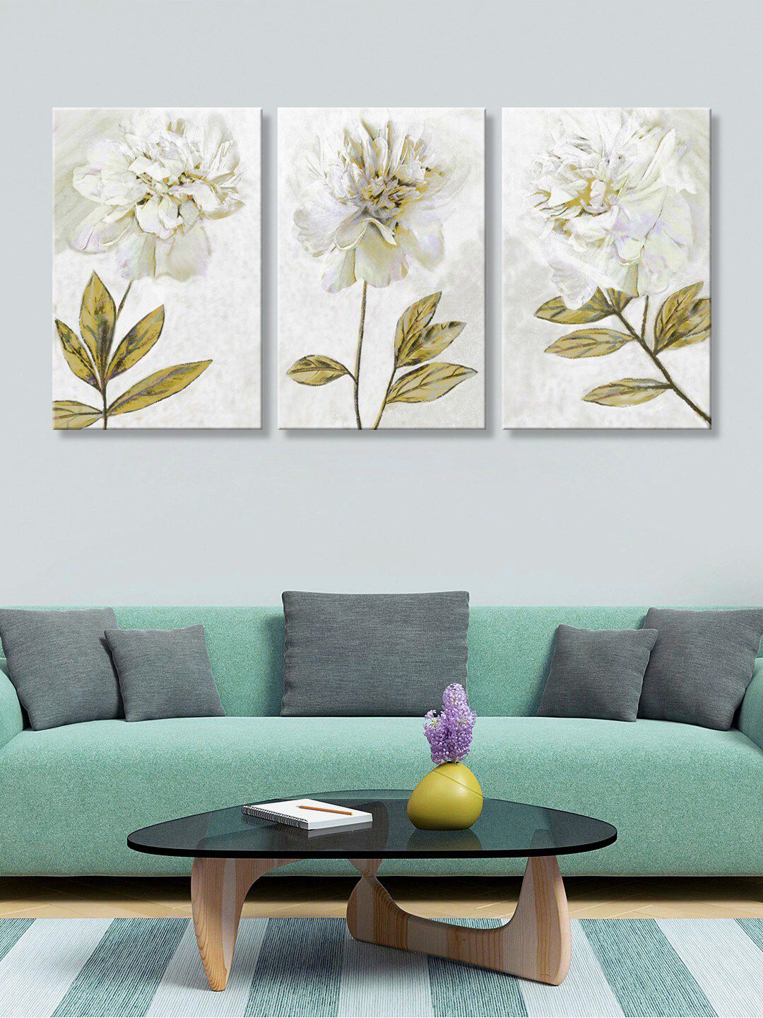 999Store Set of 3 White & Gold-Coloured Flower Canvas Painting Wall Art Price in India