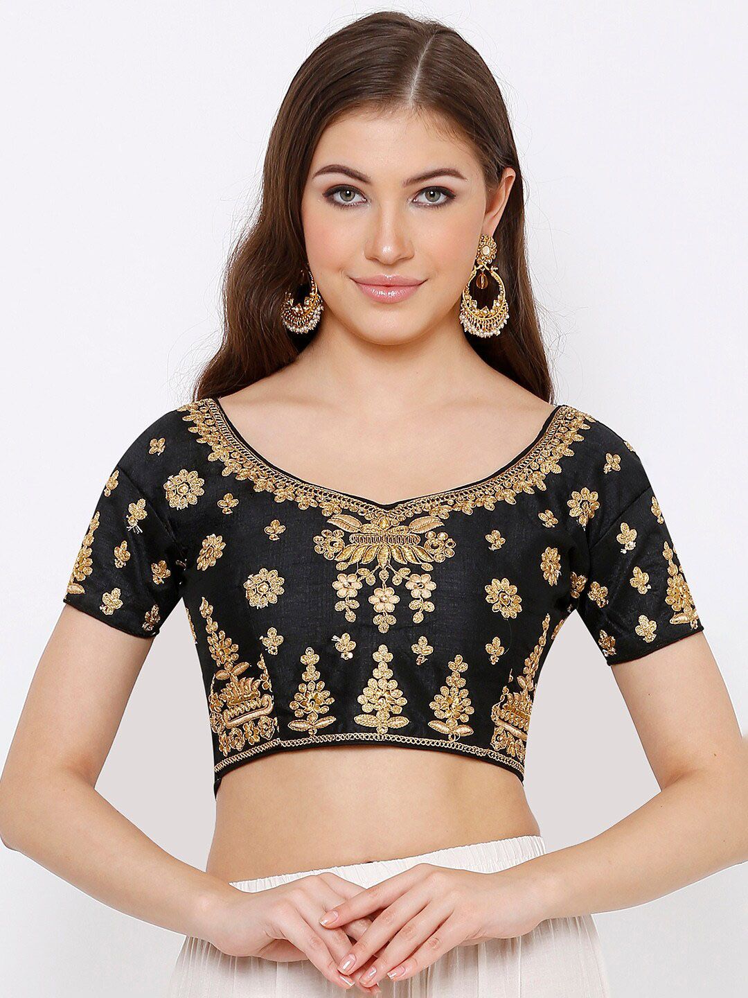SALWAR STUDIO Women Black & Gold-Colored Embroidered Readymade Saree Blouse Price in India