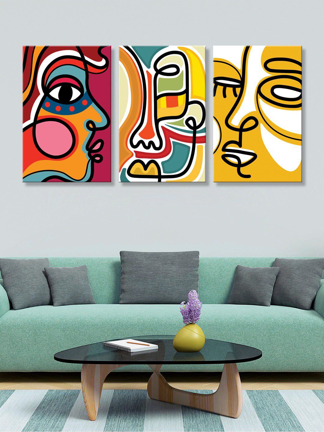 999Store Set of 3 Multicoloured Abstract Face Canvas Painting Wall Art Price in India