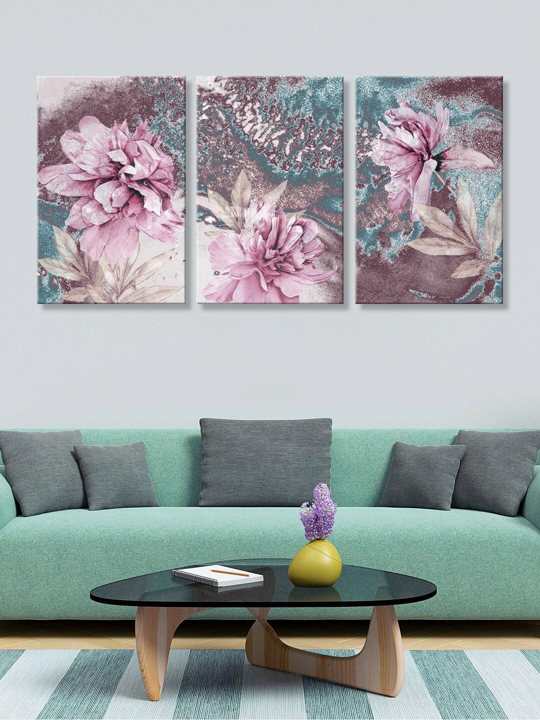 999Store Set of 3 Pink & Beige Roses Art Panels Canvas Wall Art Paintings Price in India