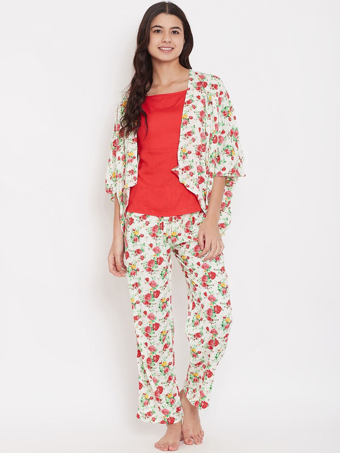 The Kaftan Company Women Off White & Red Printed Night suit Price in India