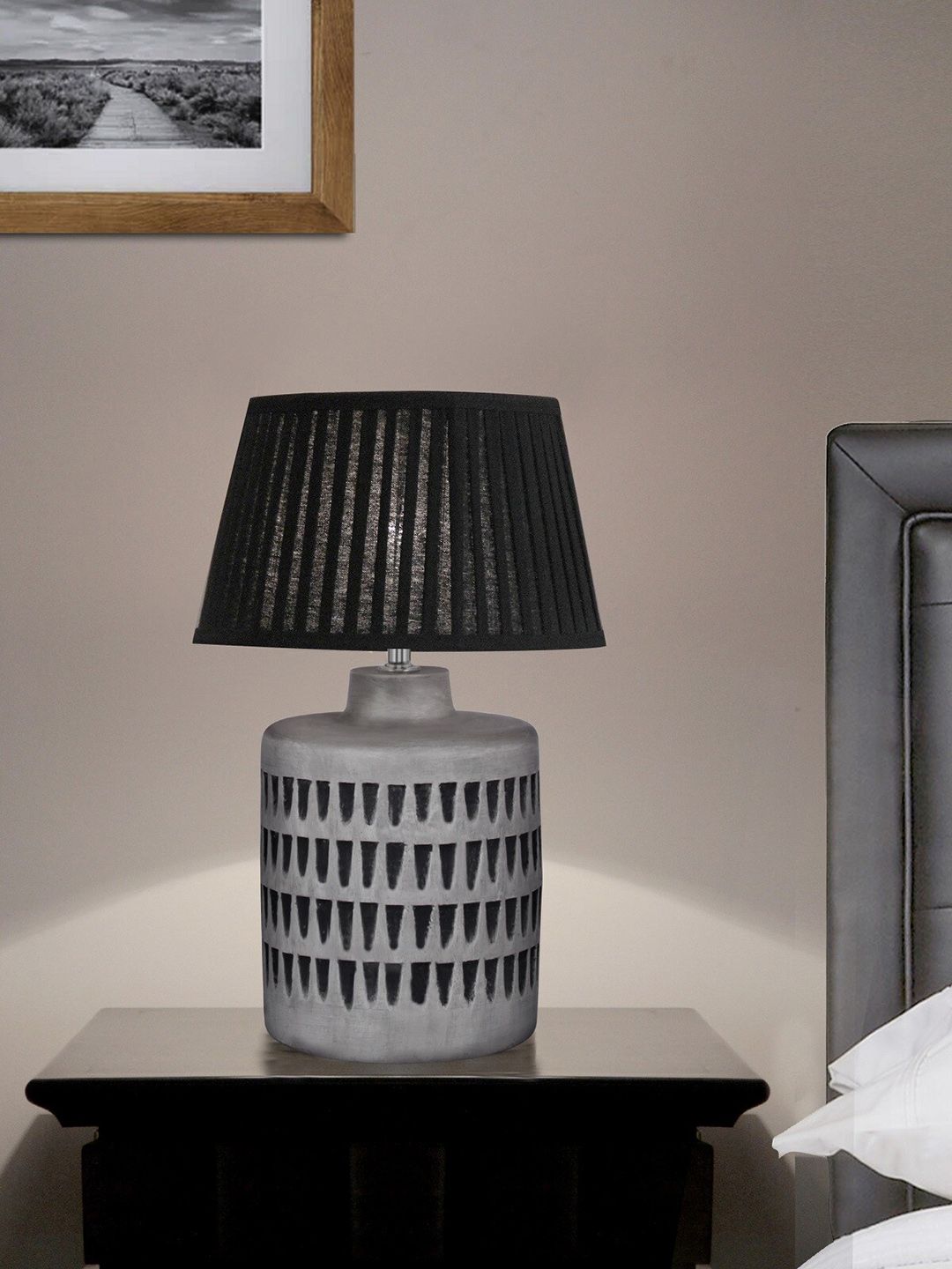 THE LIGHT STORE Grey & Black Textured Traditional Frustum Bedside Lamp Price in India
