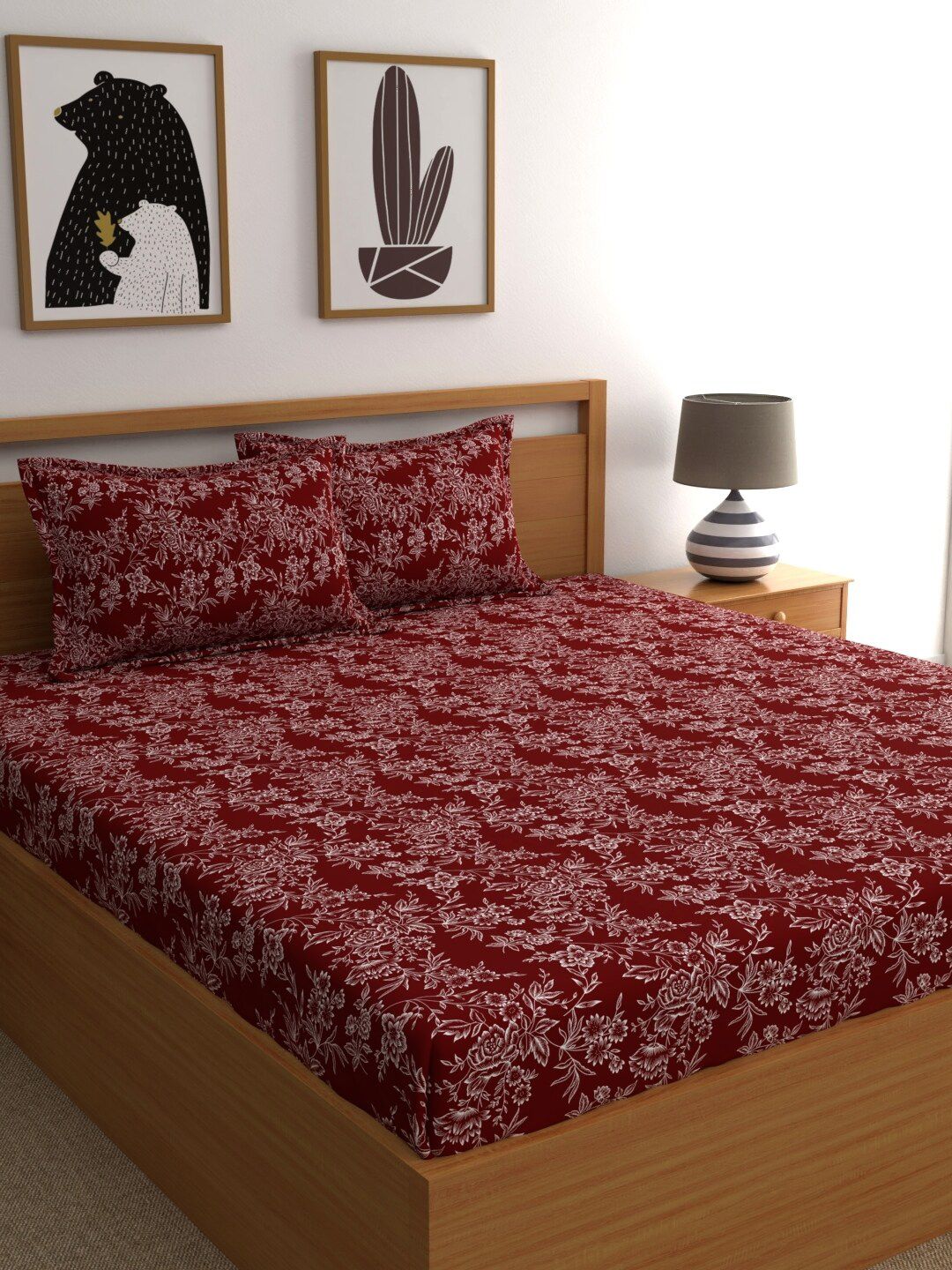 Home Ecstasy Maroon & White Floral 160 TC Cotton 1 Queen Bedsheet with 2 Pillow Covers Price in India