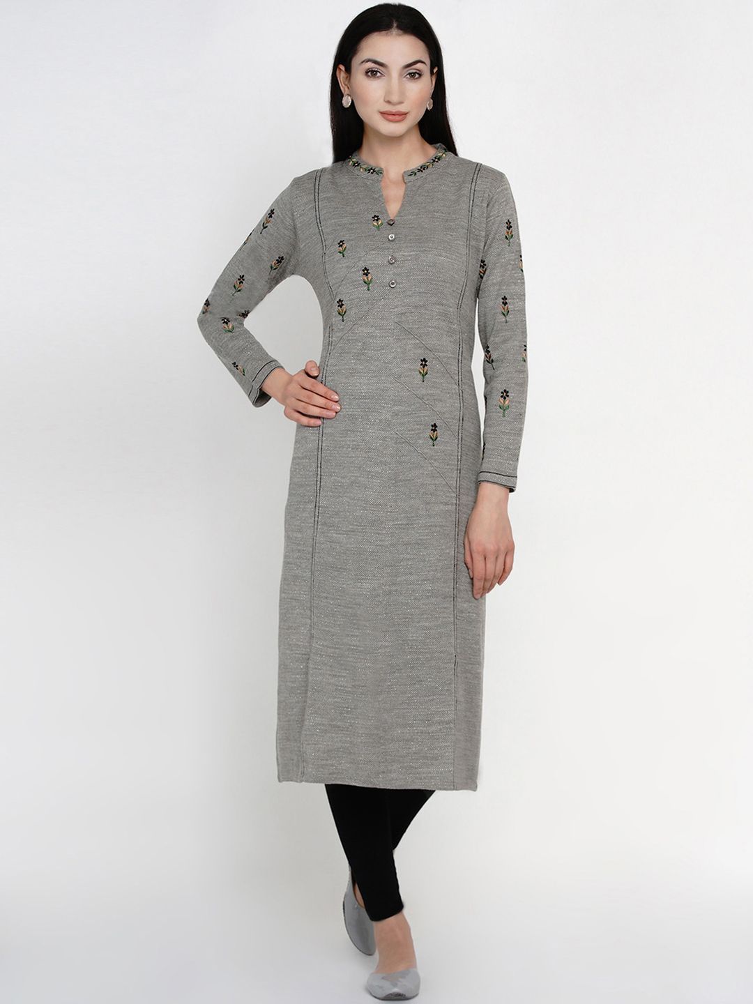 FABNEST Women Grey Embroidered Straight Kurta