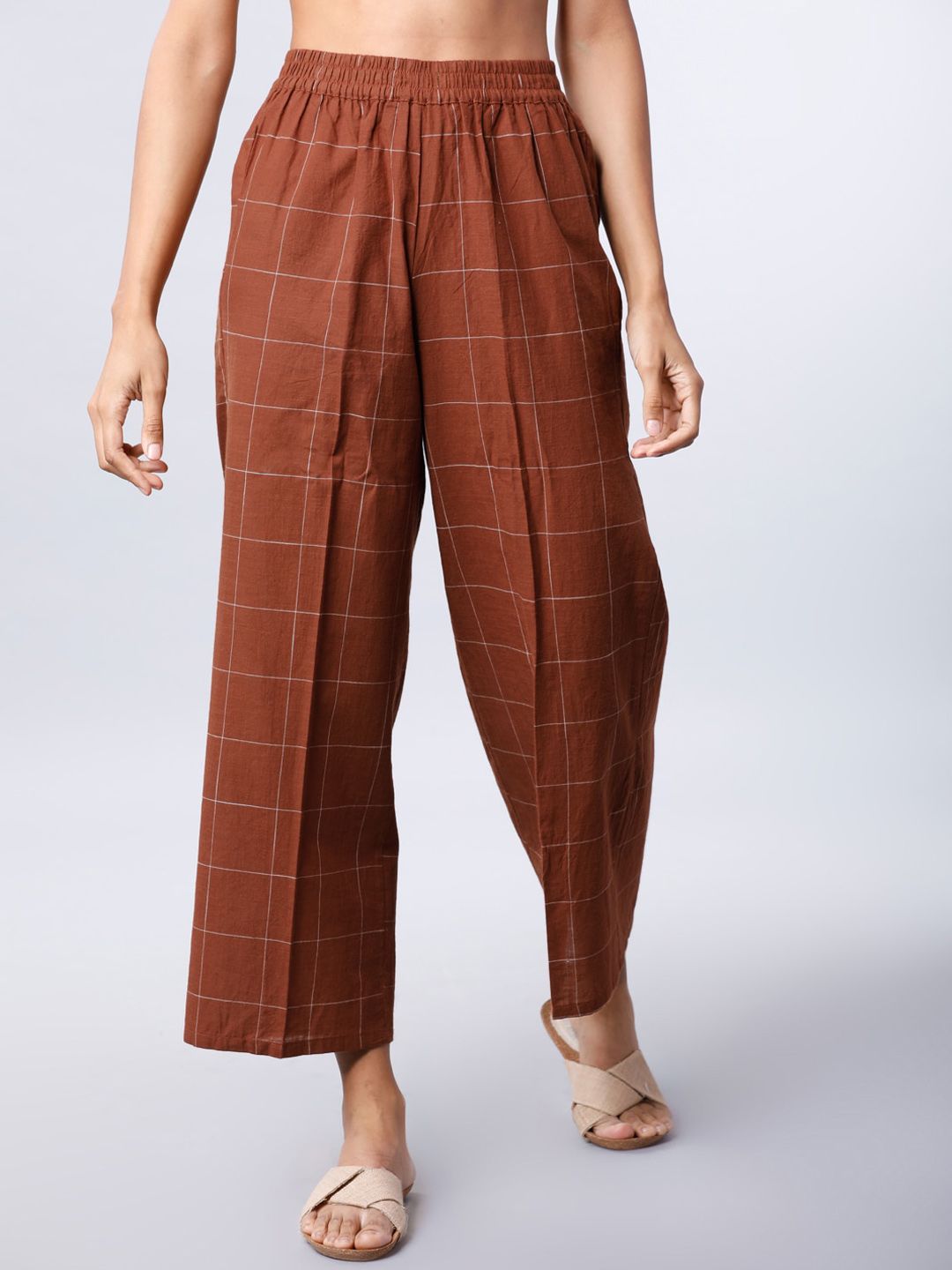 Vishudh Women Brown & Cream-Coloured Checked Straight Palazzos Price in India