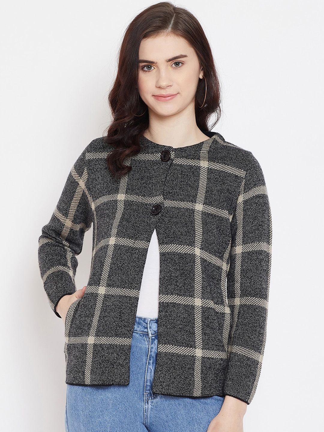 Zigo Women Black Checked Cardigan Sweater Price in India