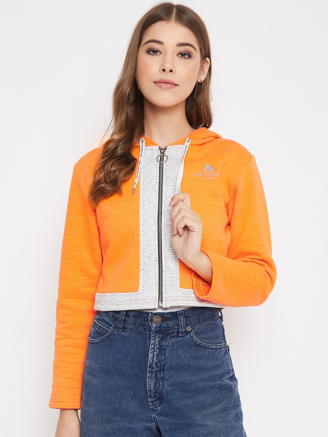 AGIL ATHLETICA Women Orange Colourblocked Denim Jacket Price in India