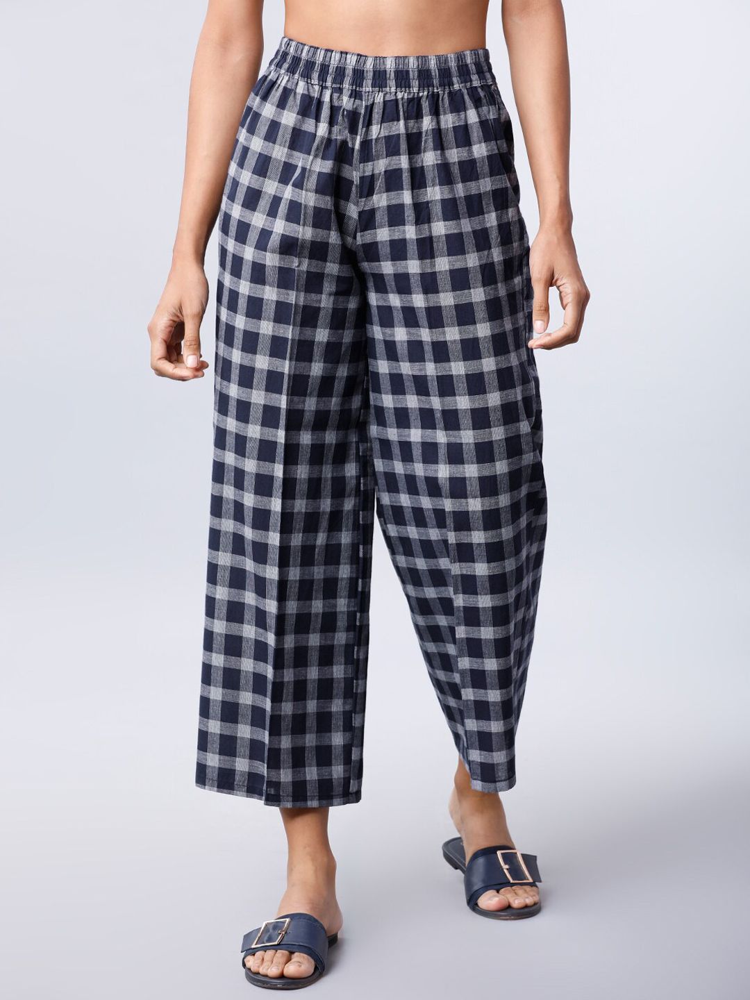 Vishudh Women Navy Blue & Off-White Checked Straight Palazzos Price in India