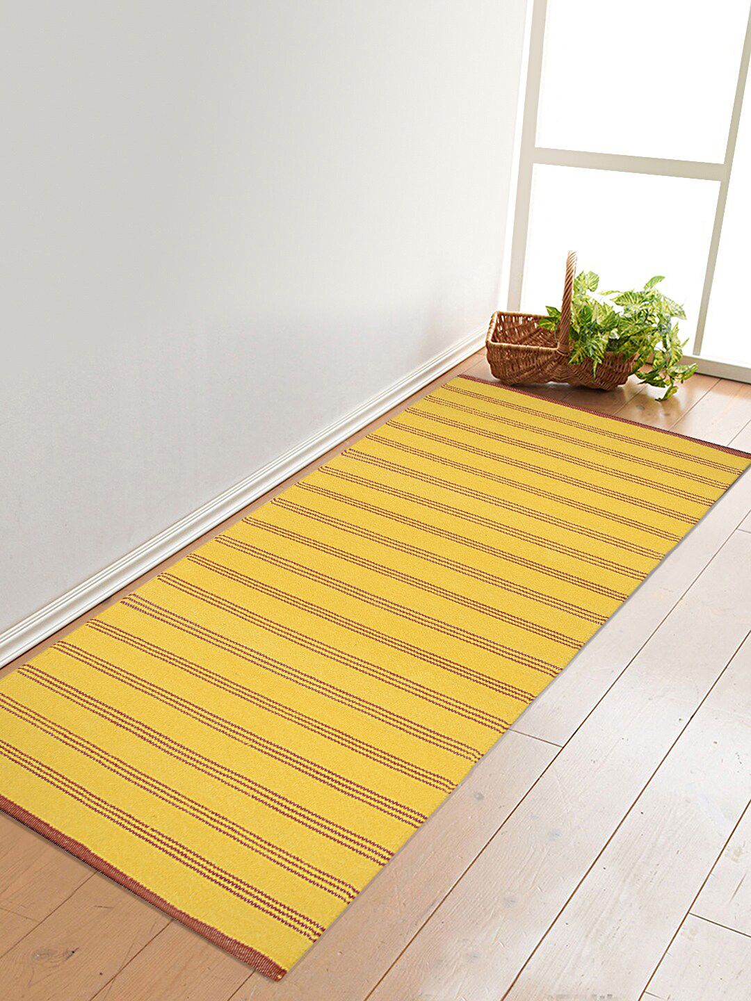 Saral Home Yellow & Maroon Striped Cotton Floor Rug Price in India
