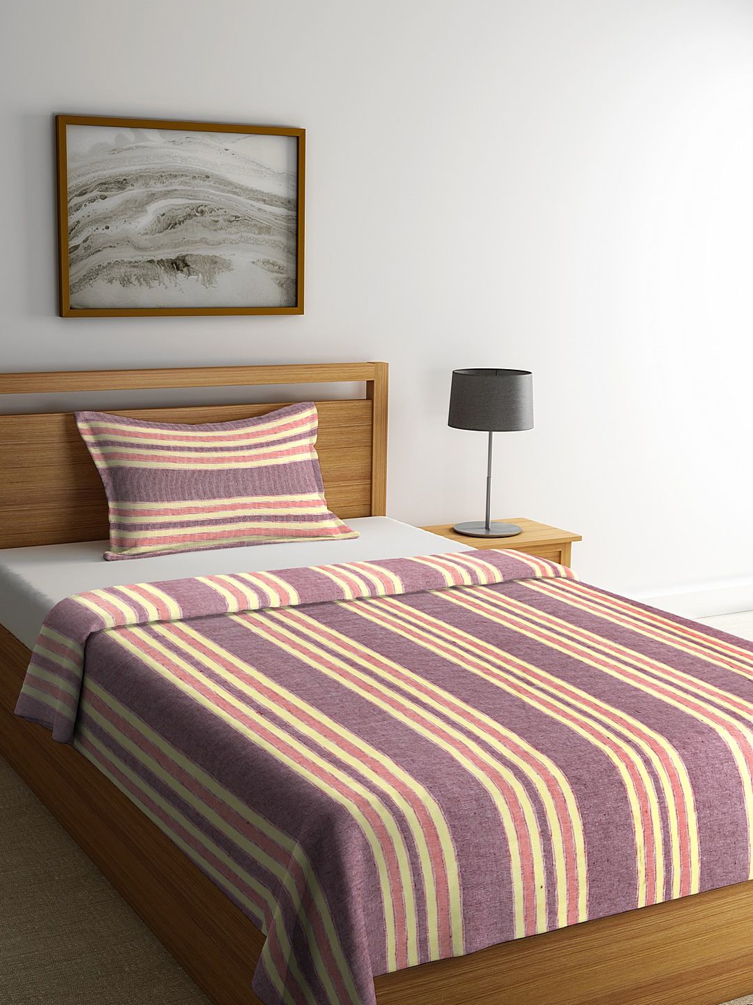 KLOTTHE Purple & Yellow Striped Single Bed Cover With 1 Pillow Cover Price in India