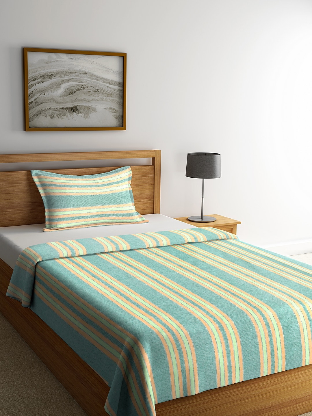 KLOTTHE Green & Peach-Colour Striped Single Bed Cover With 1 Pillow Cover Price in India