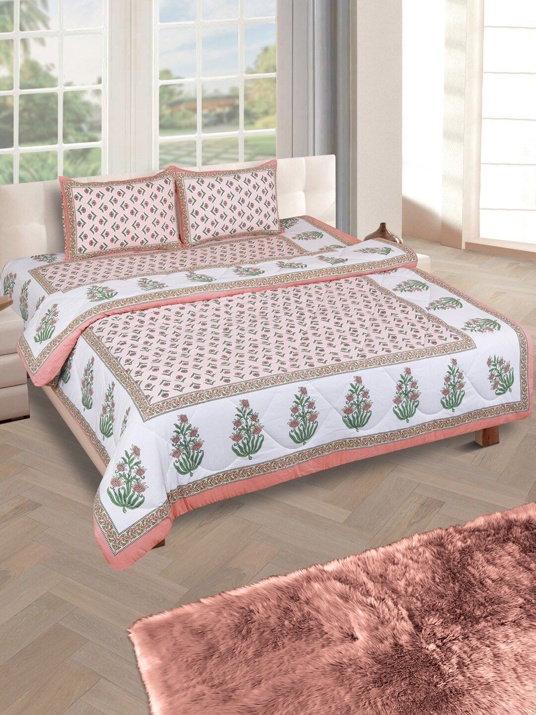 ROMEE Peach-Colour Print Reversible Quilt with King Size Bedsheet & 2 Pillow Covers Price in India