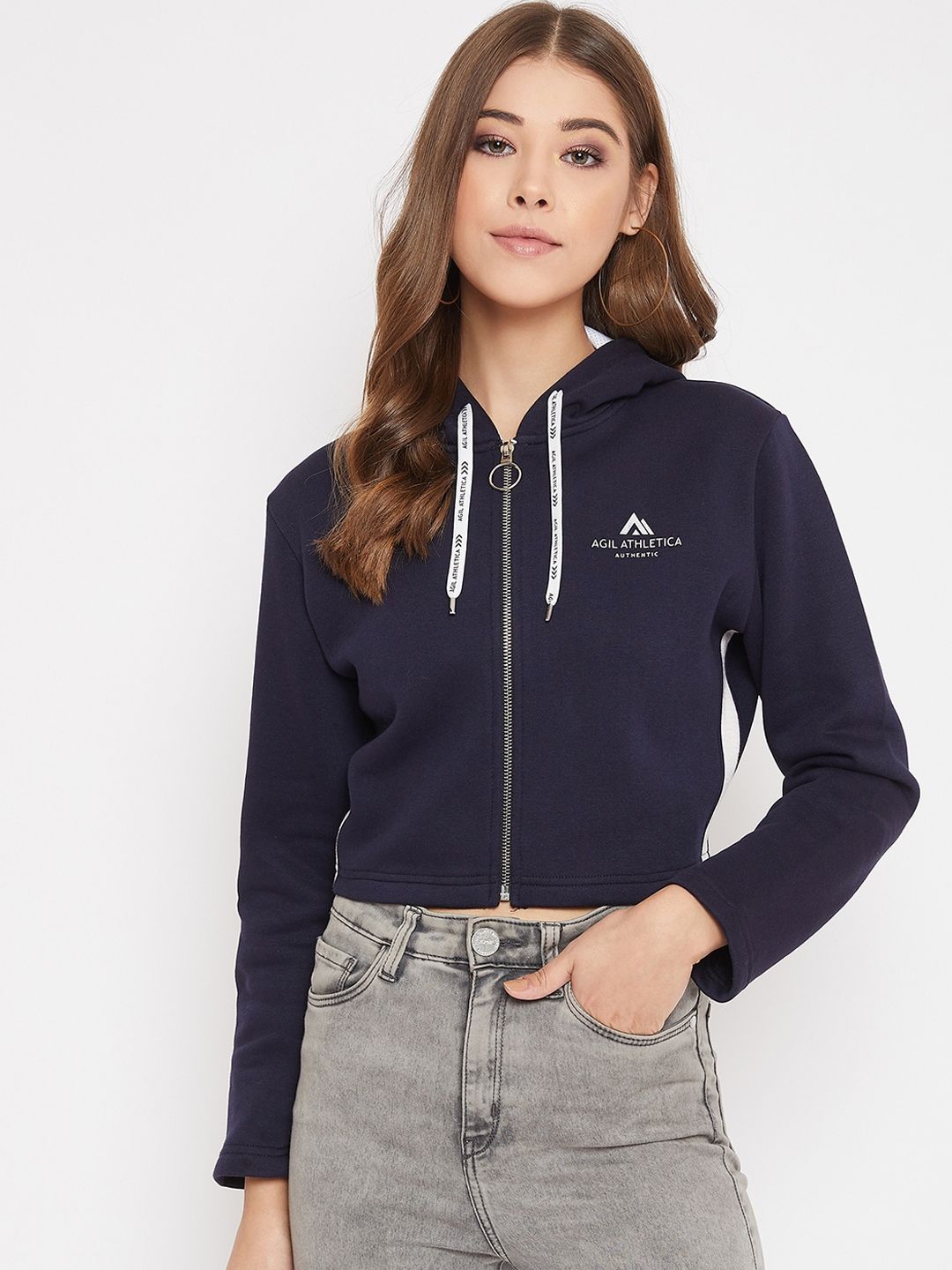 AGIL ATHLETICA Women Navy Blue Solid Crop Sporty Jacket Price in India