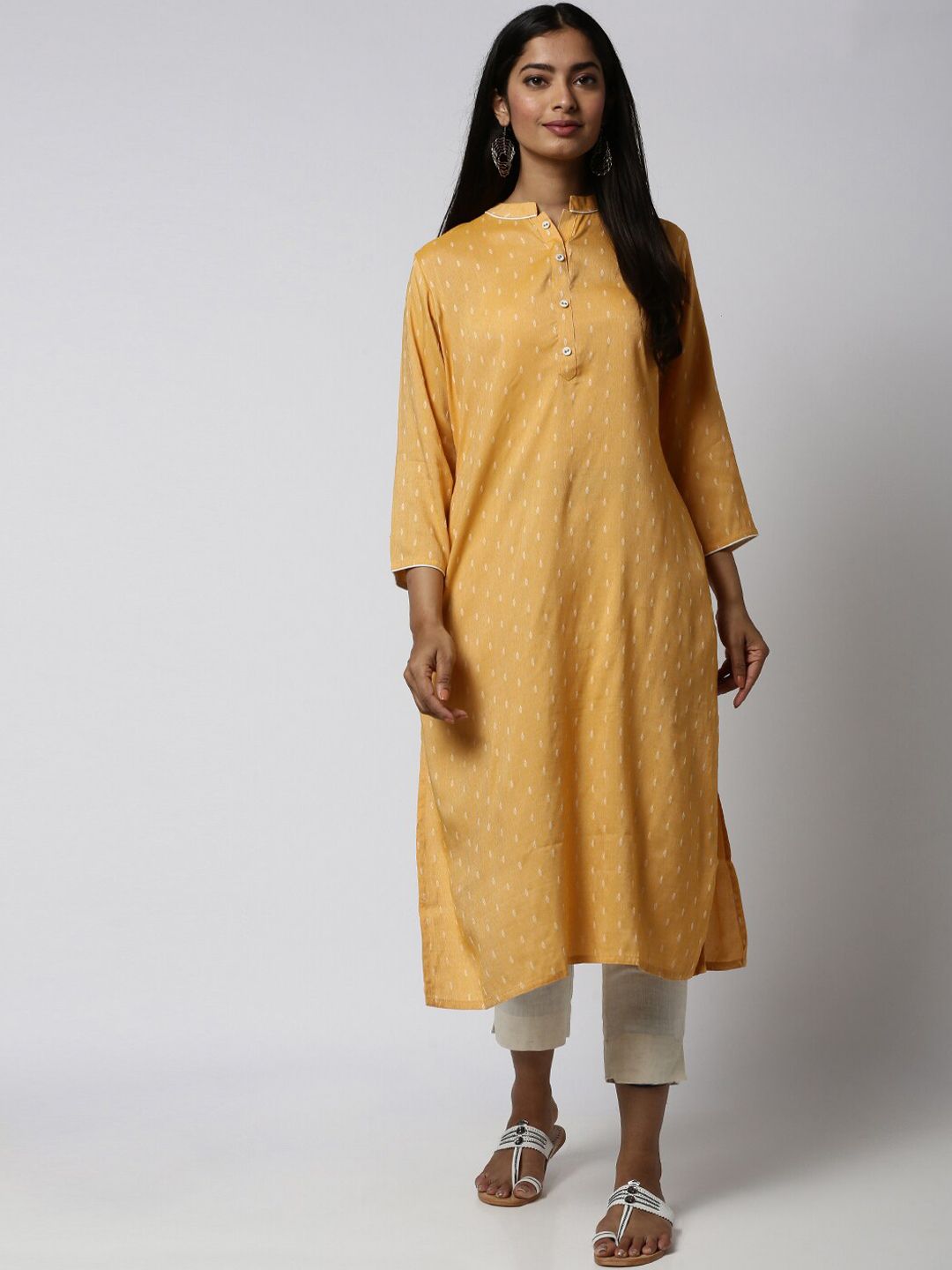 Soch Women Mustard Yellow & White Woven Design Straight Kurta