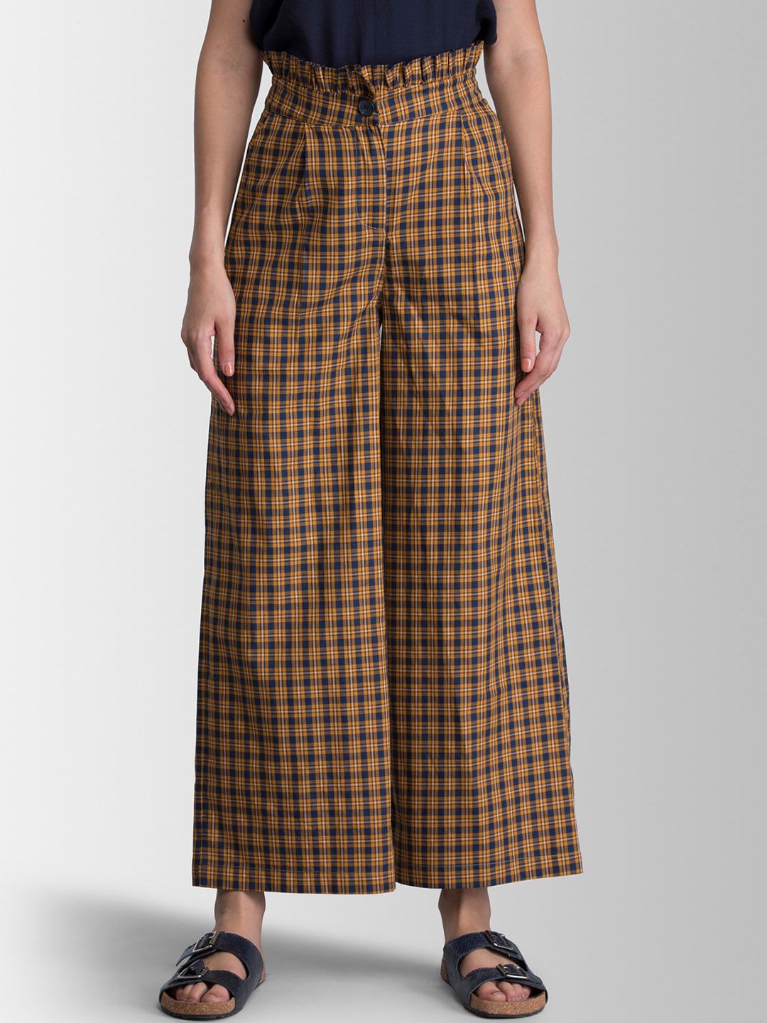 FableStreet Women Mustard Yellow & Navy Blue Flared Checked Parallel Trousers Price in India