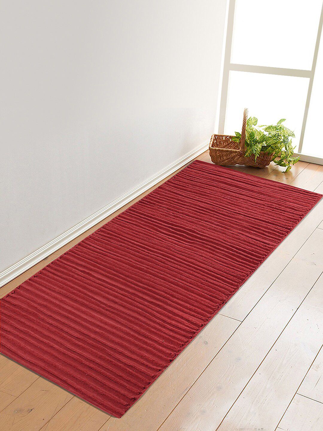 Saral Home Red Modern Rib Pattern Cotton Rug Price in India