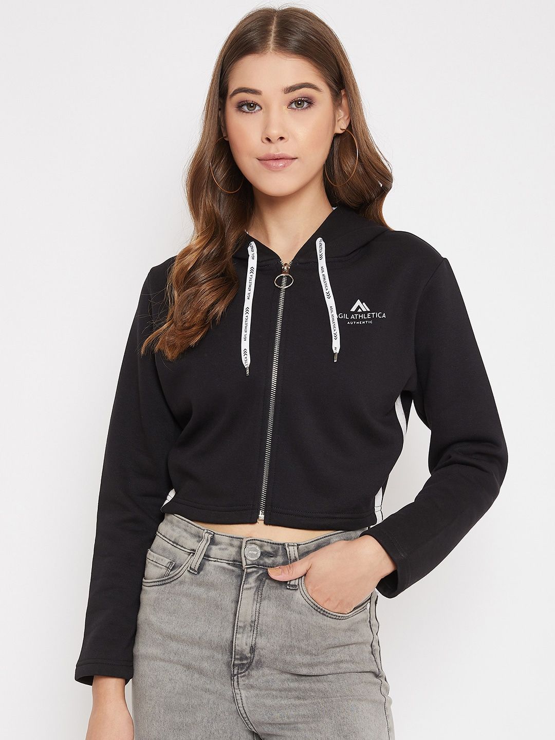 AGIL ATHLETICA Women Black Solid Crop Open Front Jacket Price in India