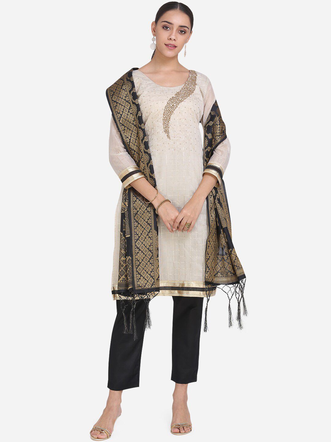 Ethnic Junction Grey & Navy Blue Silk Blend Unstitched Dress Material Price in India