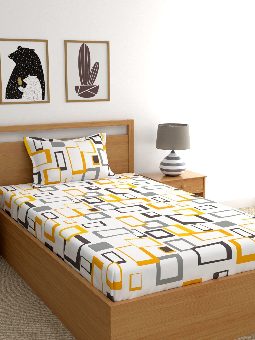 Home Ecstasy Yellow & White Geometric 140 TC Cotton 1 Single Bedsheet with 1 Pillow Covers Price in India