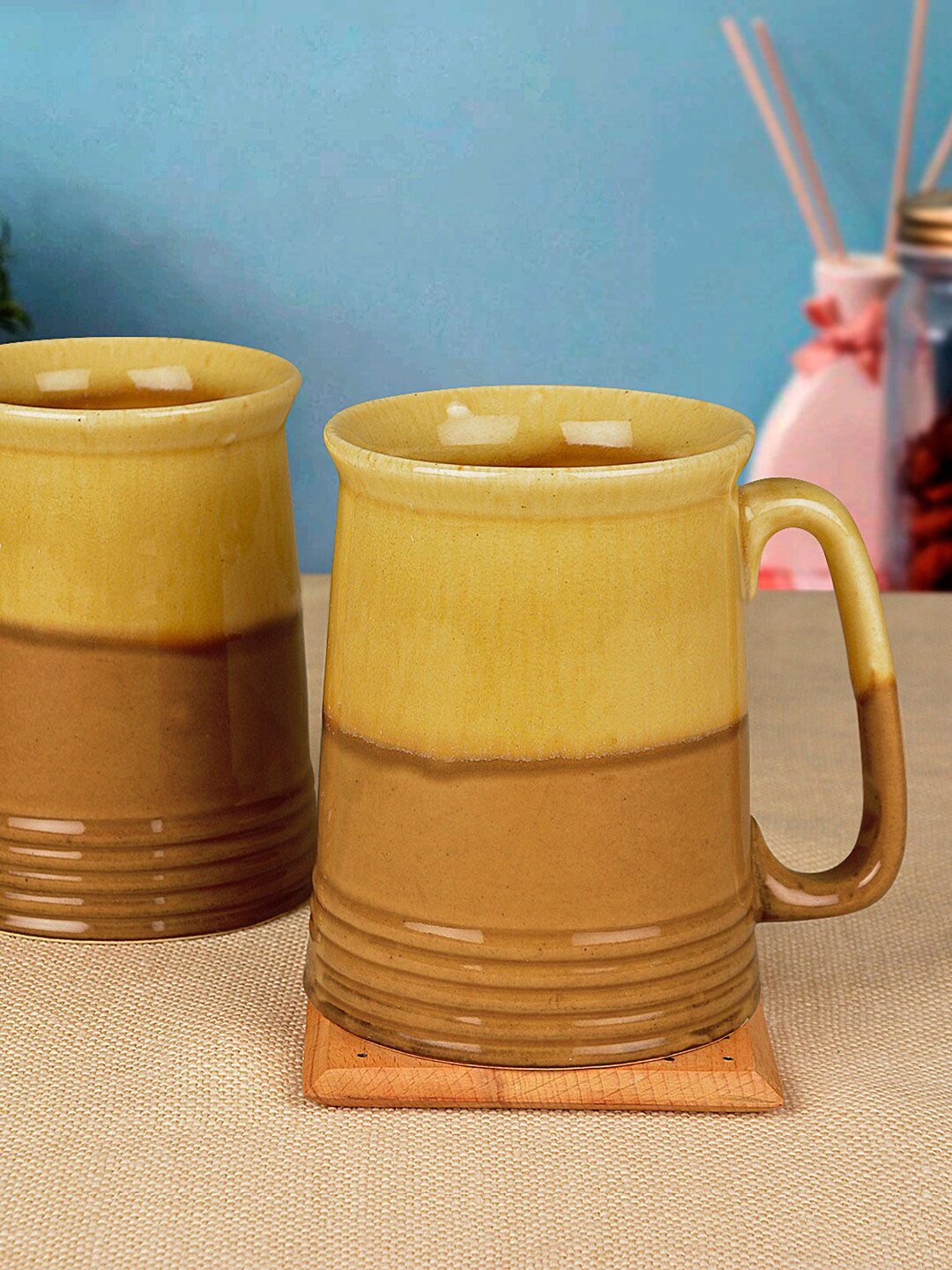 StyleMyWay Yellow Printed Ceramic Mugs Set Price in India