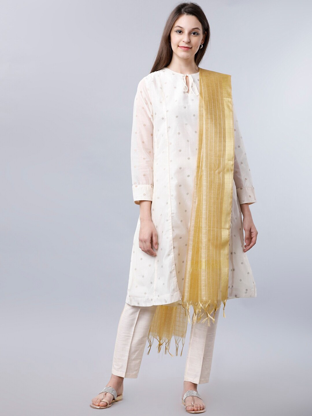 Vishudh Beige & Gold-Toned Woven Design Dupatta Price in India