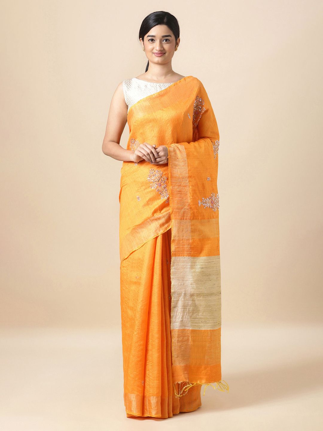 Taneira Orange Pure Silk Woven Design Block Print Saree