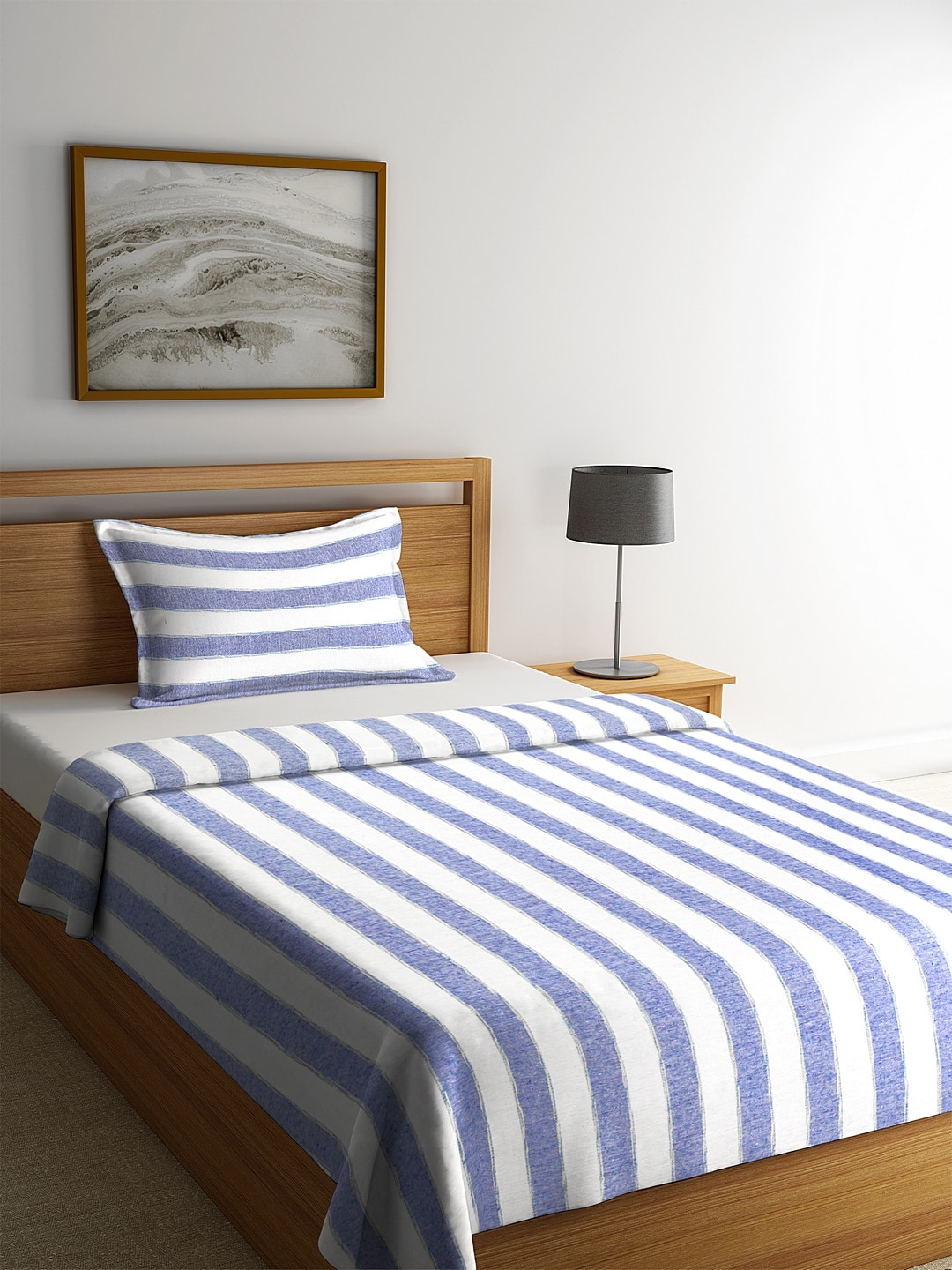 KLOTTHE Blue & White Striped Single Bed Cover With 1 Pillow Cover Price in India