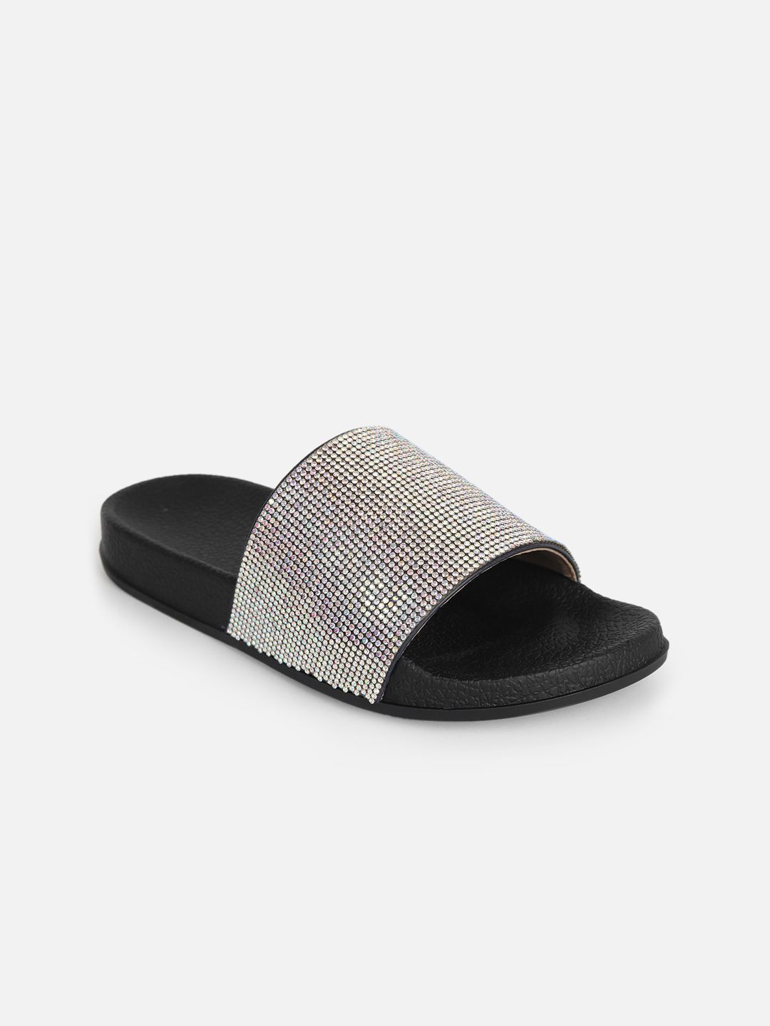 SCENTRA Women Silver-Toned & Black Embellished Sliders Price in India