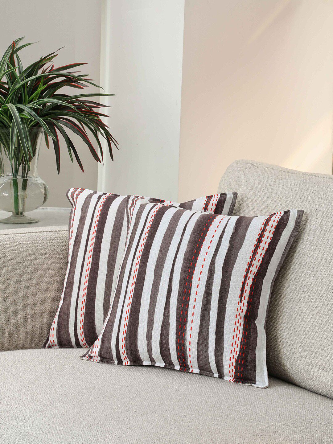 BLUE BOAT Set of 2 Off-White & Brown Striped Square Cushion Covers Price in India