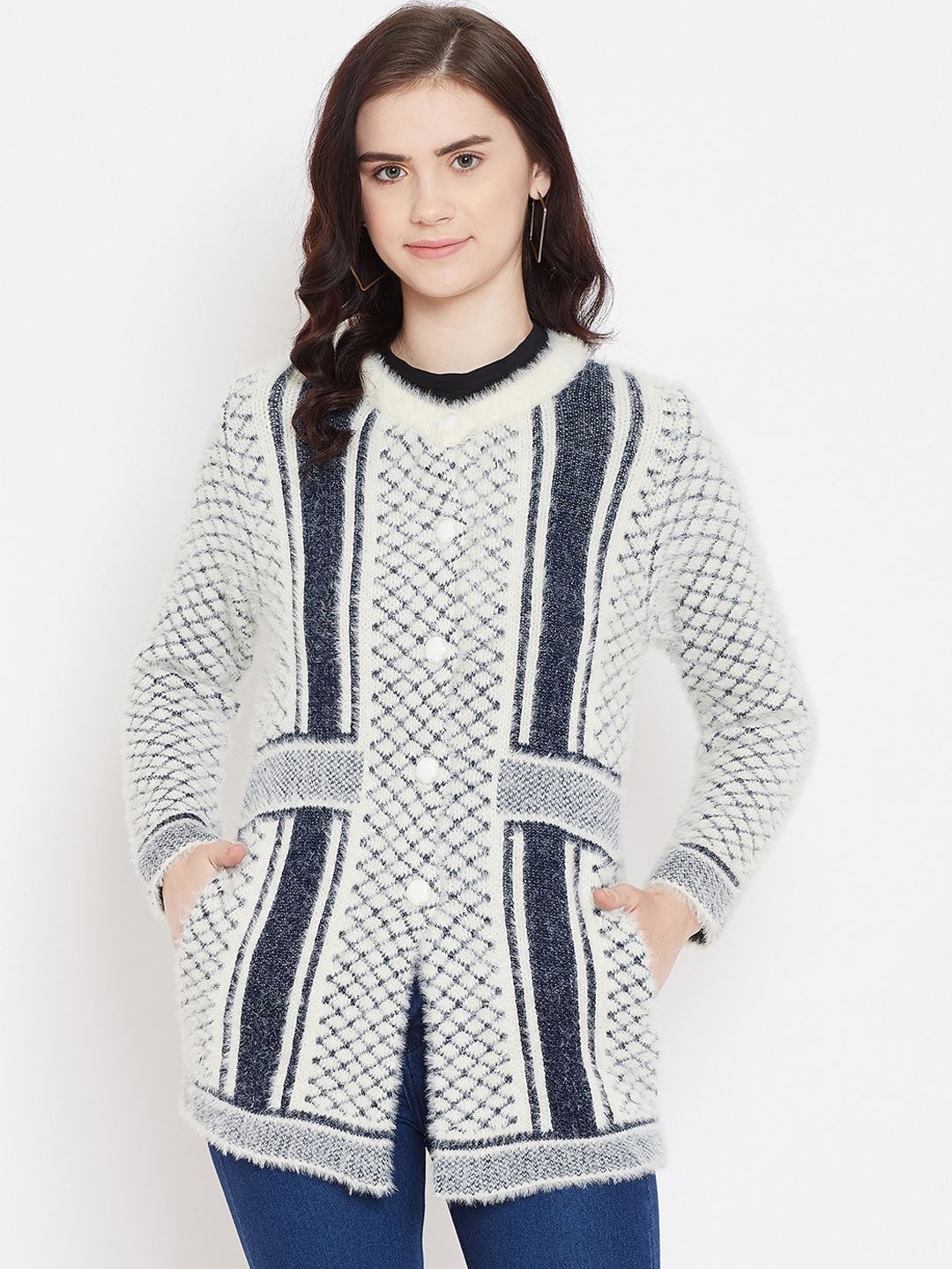 Zigo Women White Self Design Front-Open Sweater Price in India
