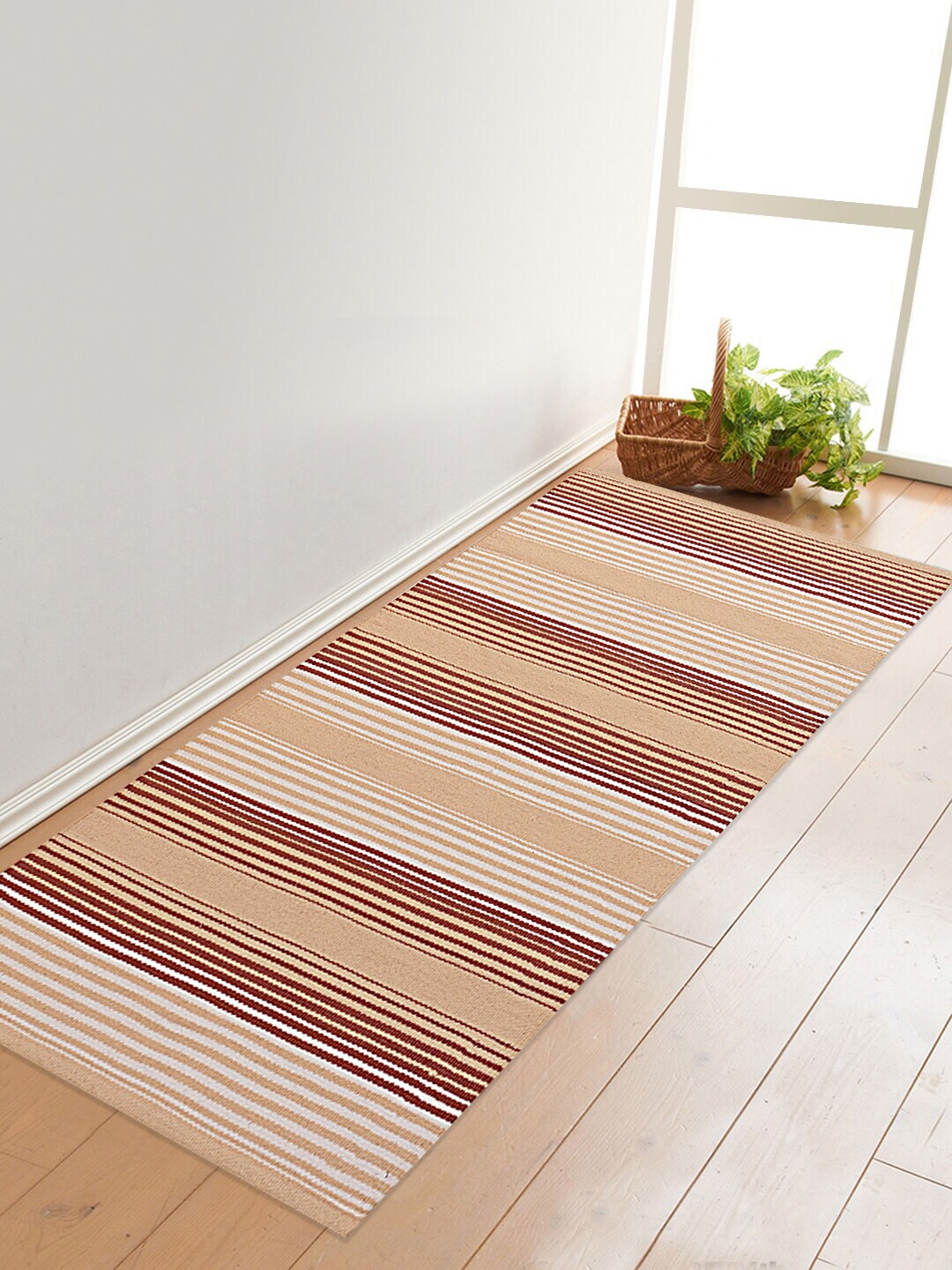 Saral Home Beige & Brown Striped Anti-Skid Dhurrie Price in India