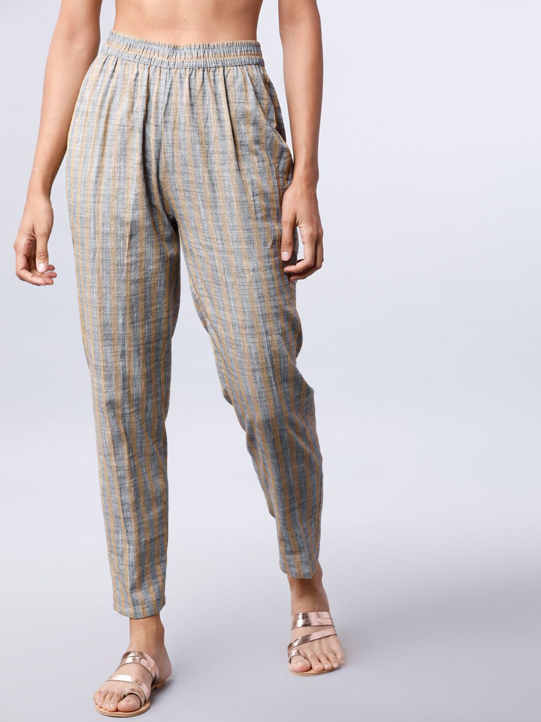 Vishudh Women Grey & Mustard Yellow Tapered Fit Striped Regular Trousers Price in India