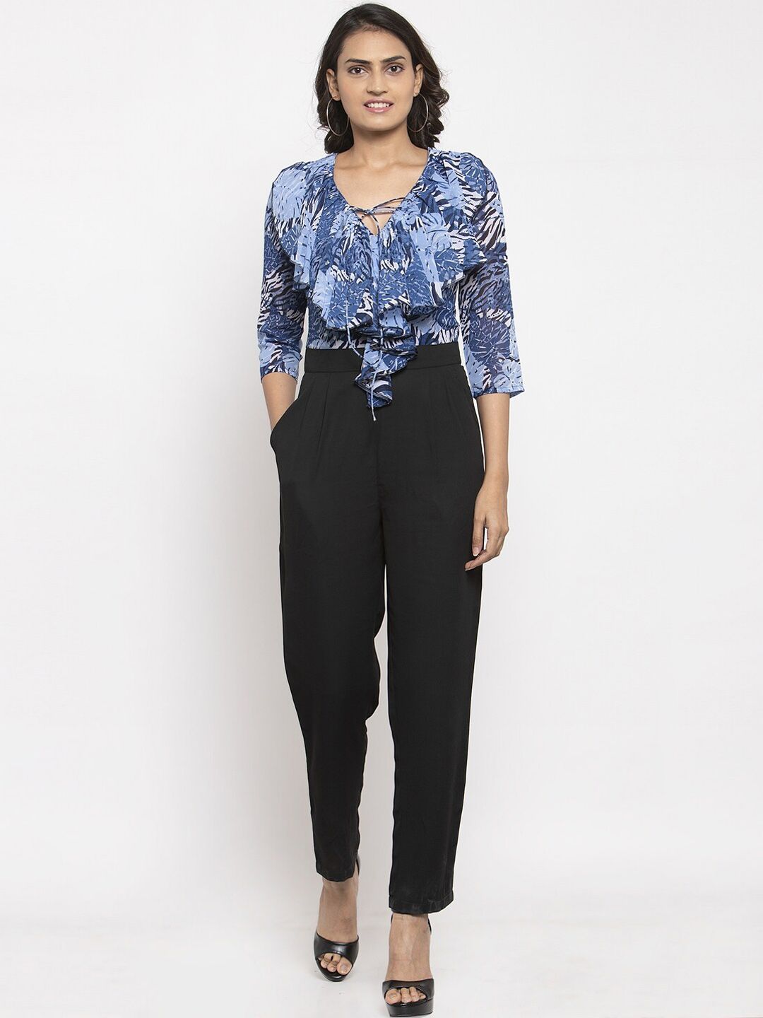 Magnetic Designs Women Black & Blue Floral Print Basic Jumpsuit Price in India