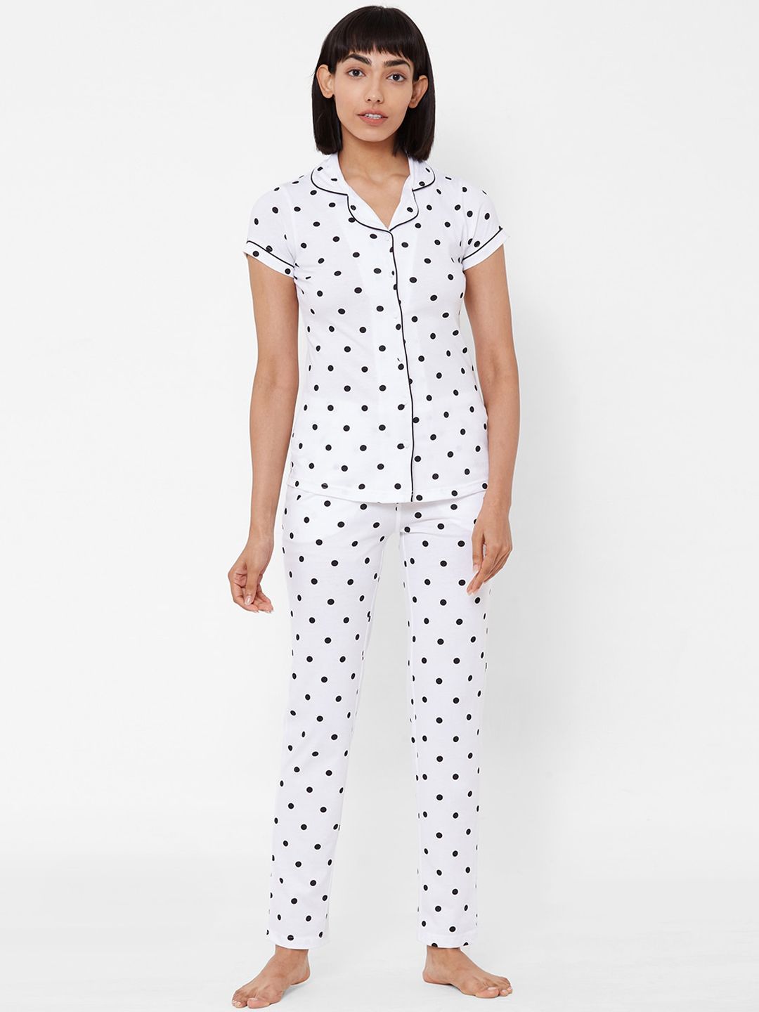 Sweet Dreams Women White & Black Polka Dot Printed Night suit Price in India