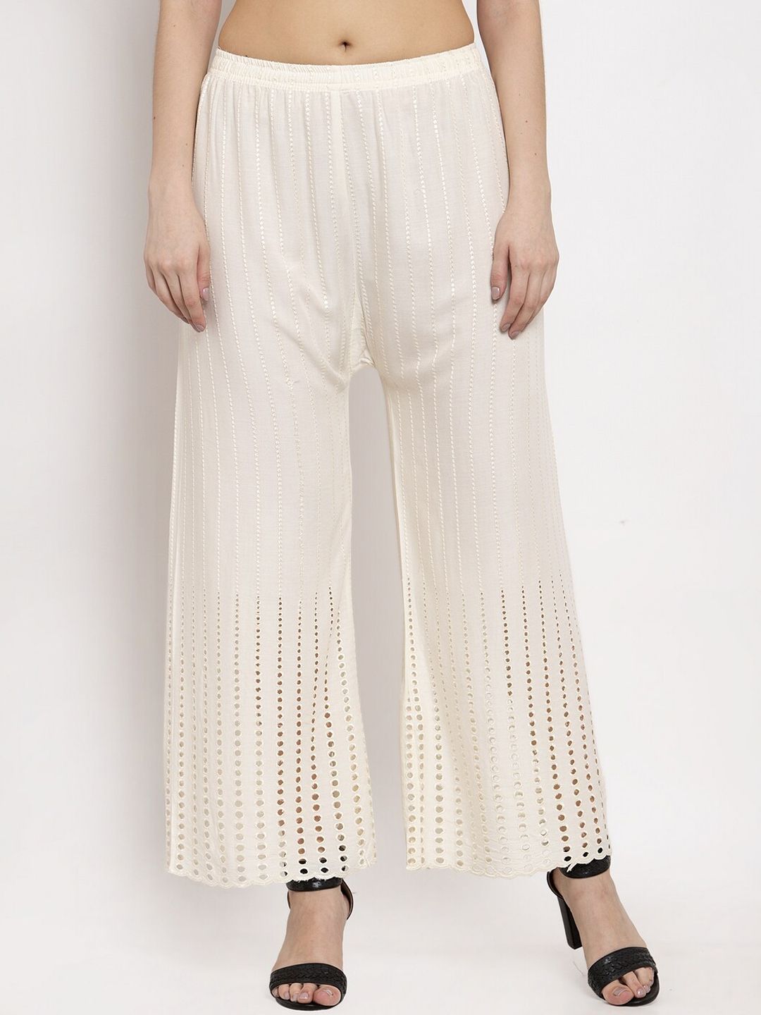 Miaz Lifestyle Women Cream-Coloured Embroidered Straight Palazzos