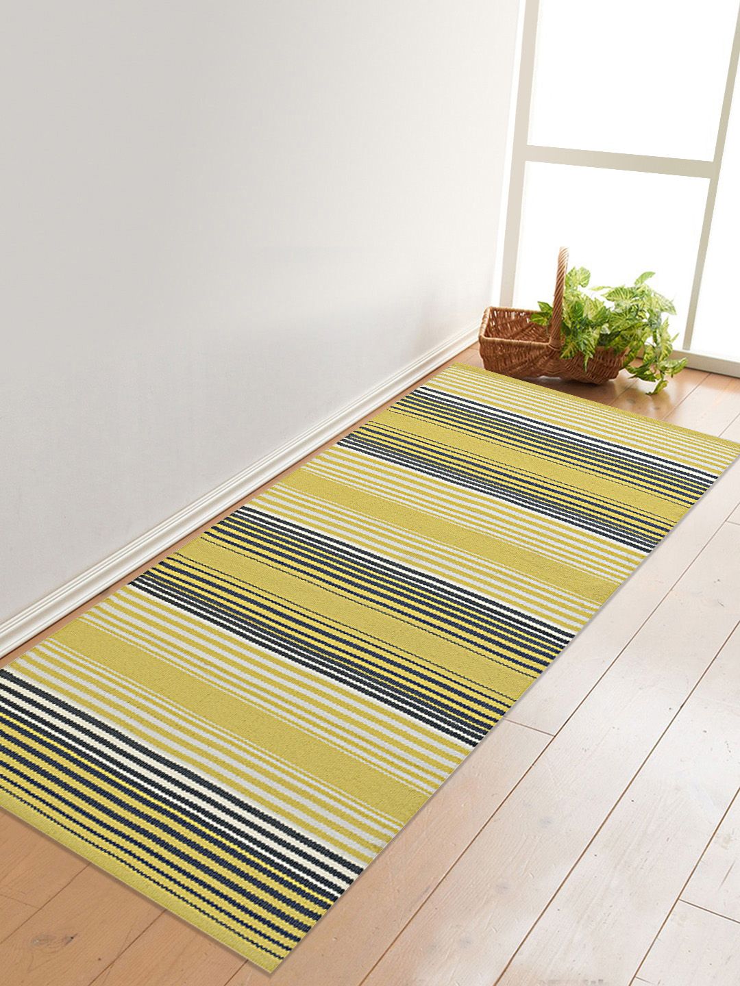 Saral Home Unisex Yellow, White & Black Striped Rugs Price in India