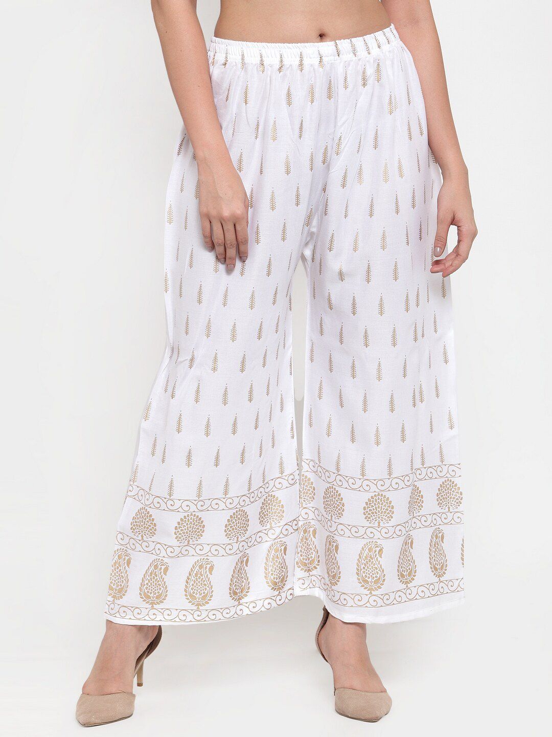 Miaz Lifestyle Women White & Gold-Toned Printed Straight Palazzos Price in India