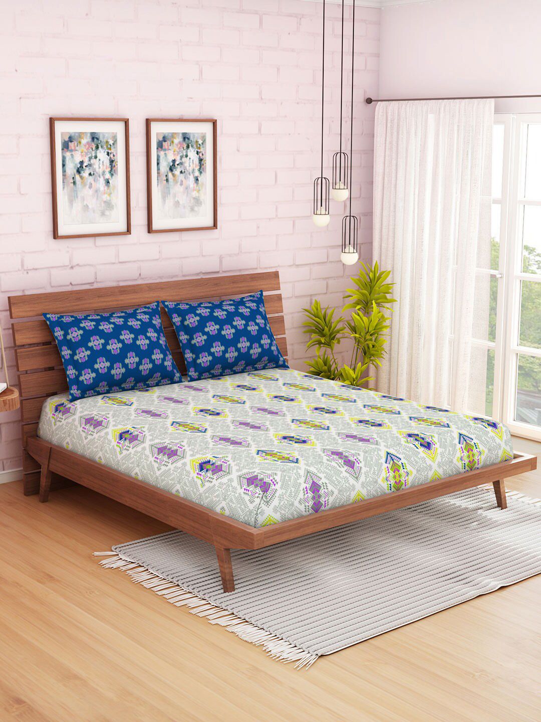 SPACES Blue Geometric 144 TC Cotton 1 Queen Bedsheet with 2 Pillow Covers Price in India