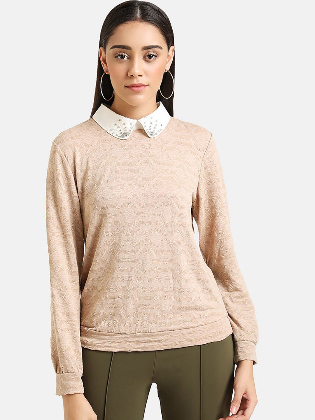 Kazo Women Beige Self Design Pullover Sweater Price in India