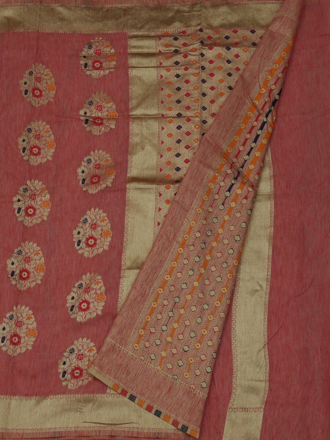 Pothys Peach-Coloured & Gold-Toned Jute Silk Woven Design Saree