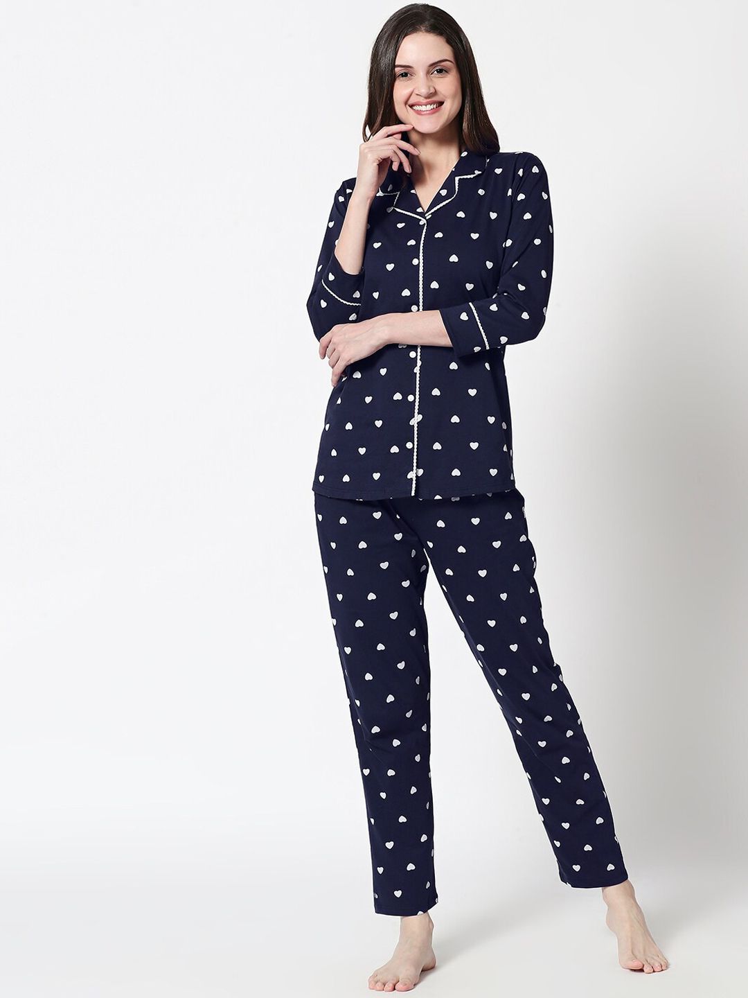 Zeyo Women Navy Blue & White Printed Night suit Price in India